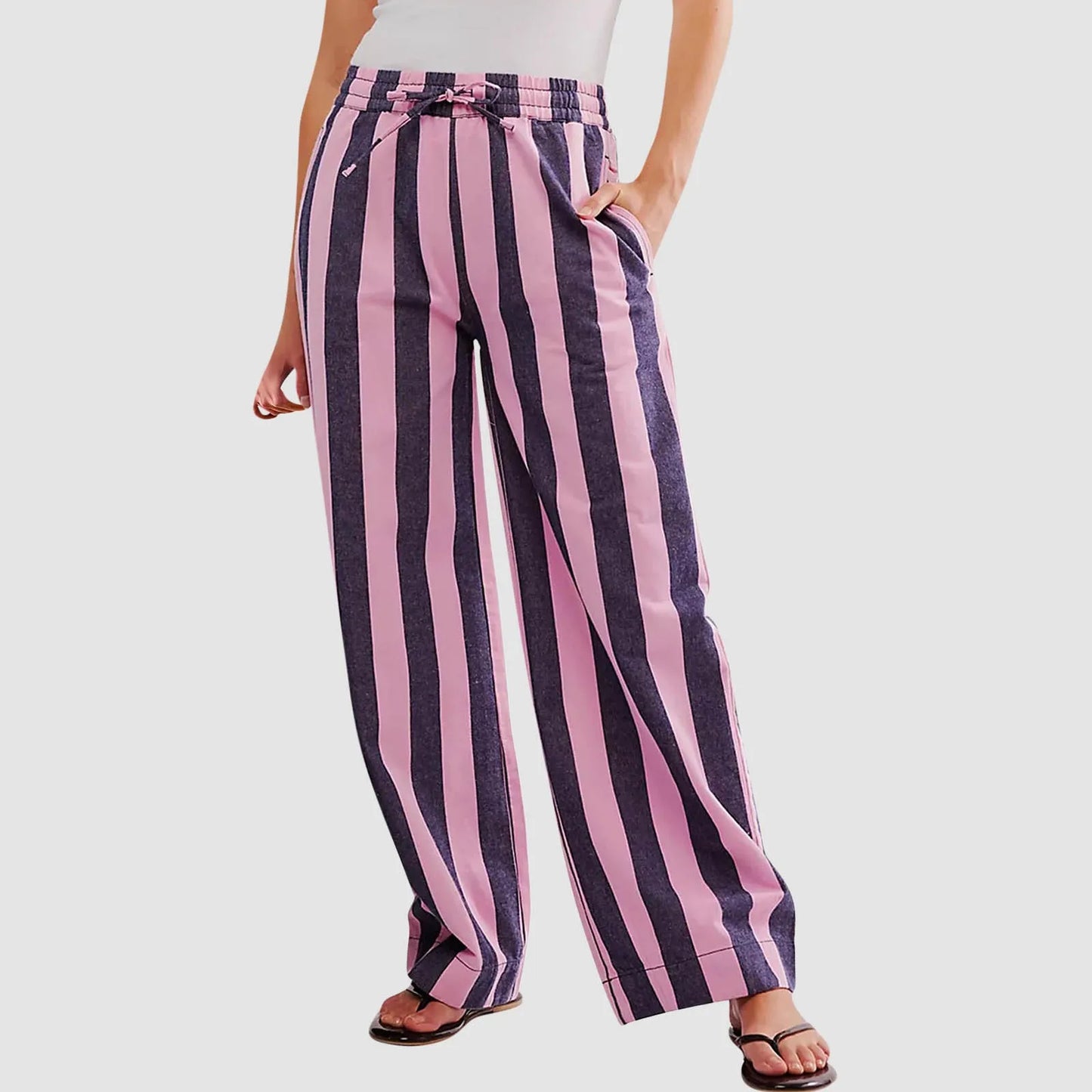 Women Casual Baggy Trousers, Striped Color Blocking, High Waist, Wide Leg, Pockets