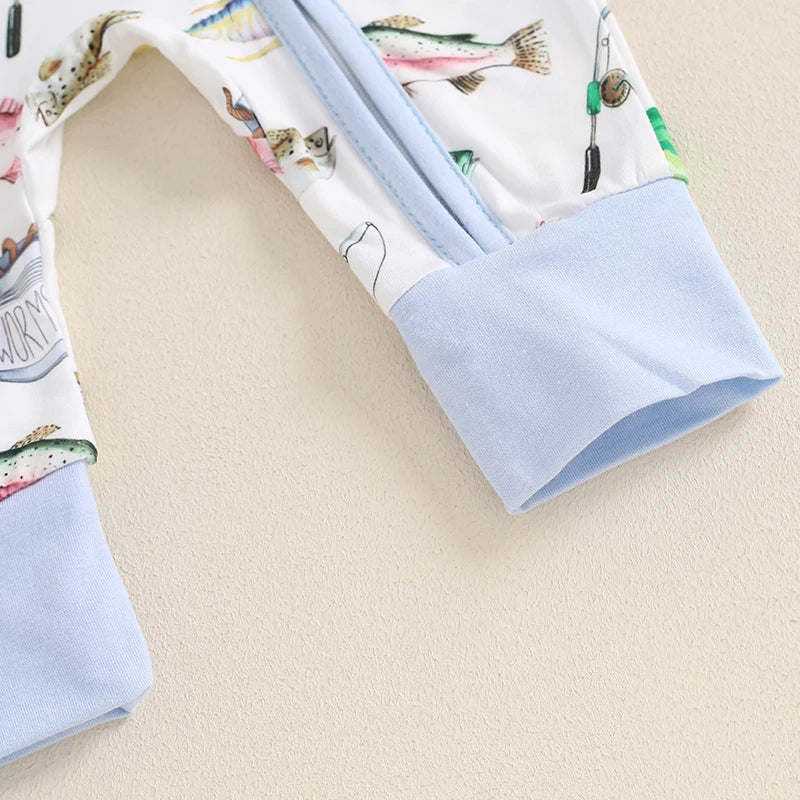 0-12MO Baby Boys Autumn Casual Romper, Long Sleeve Crew Neck, Fish Print, Oblique Zipper Jumpsuit