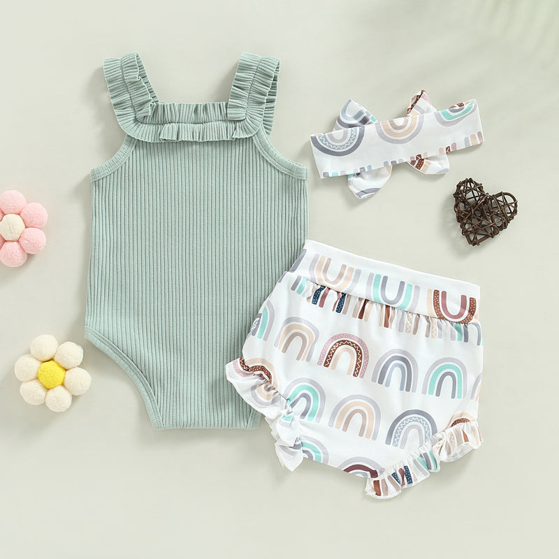 3-18M Baby Girls Shorts Set, Sleeveless Romper, Flower/Rainbow/Print Shorts, Hairband