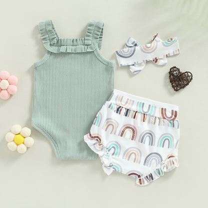 3-18M Baby Girls Shorts Set, Sleeveless Romper, Flower/Rainbow/Print Shorts, Hairband