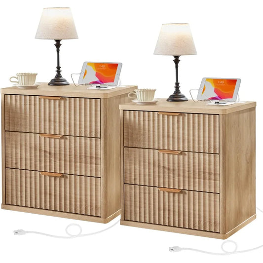 Set of 2, 23" Wide Night Stand with Charging Station, 3 Drawers w/Metal Handle