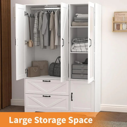 72''H Armoire Wardrobe Cabinet with Mirror and 2 Drawers,  Hanging Rod and Light