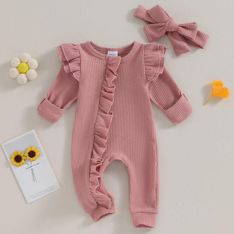 0-12M Baby Girl Ruffle Zipper Romper, Long Sleeve Jumpsuit