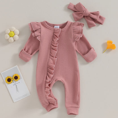 0-12M Baby Girl Ruffle Zipper Romper, Long Sleeve Jumpsuit