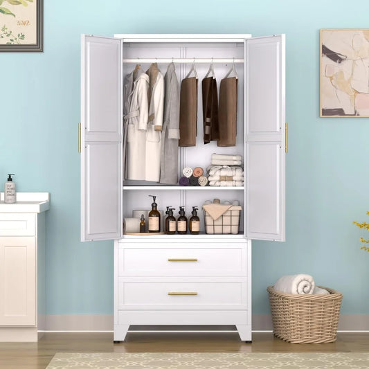 71" H Metal Armoire Wardrobe Closet with 2 Drawers, Adjustable Shelves, Clothes Drying Pole
