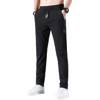 Men Fast Dry Stretch Pants, Ice Silk Trousers, Solid Color, Mid-Waist