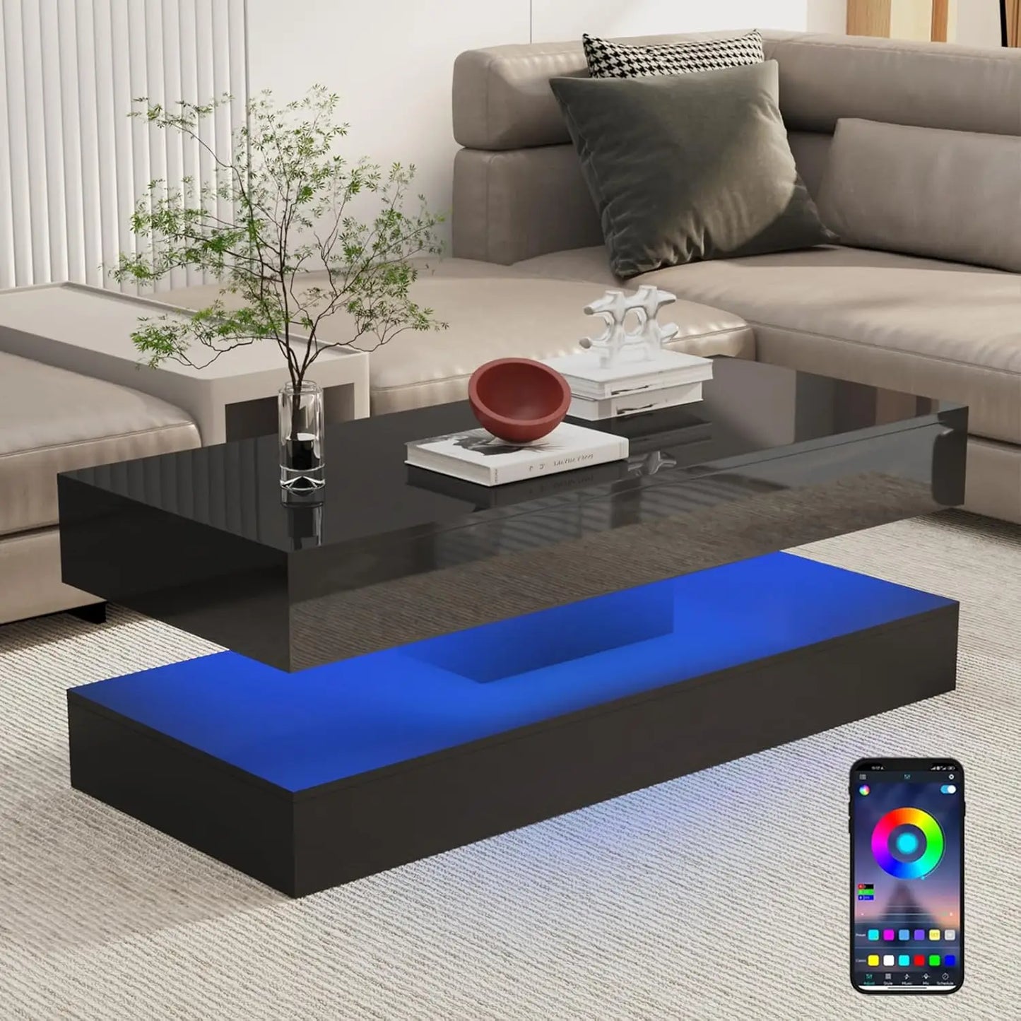 Modern Stylish Coffee Table with 2 Storage Drawers and LED lights