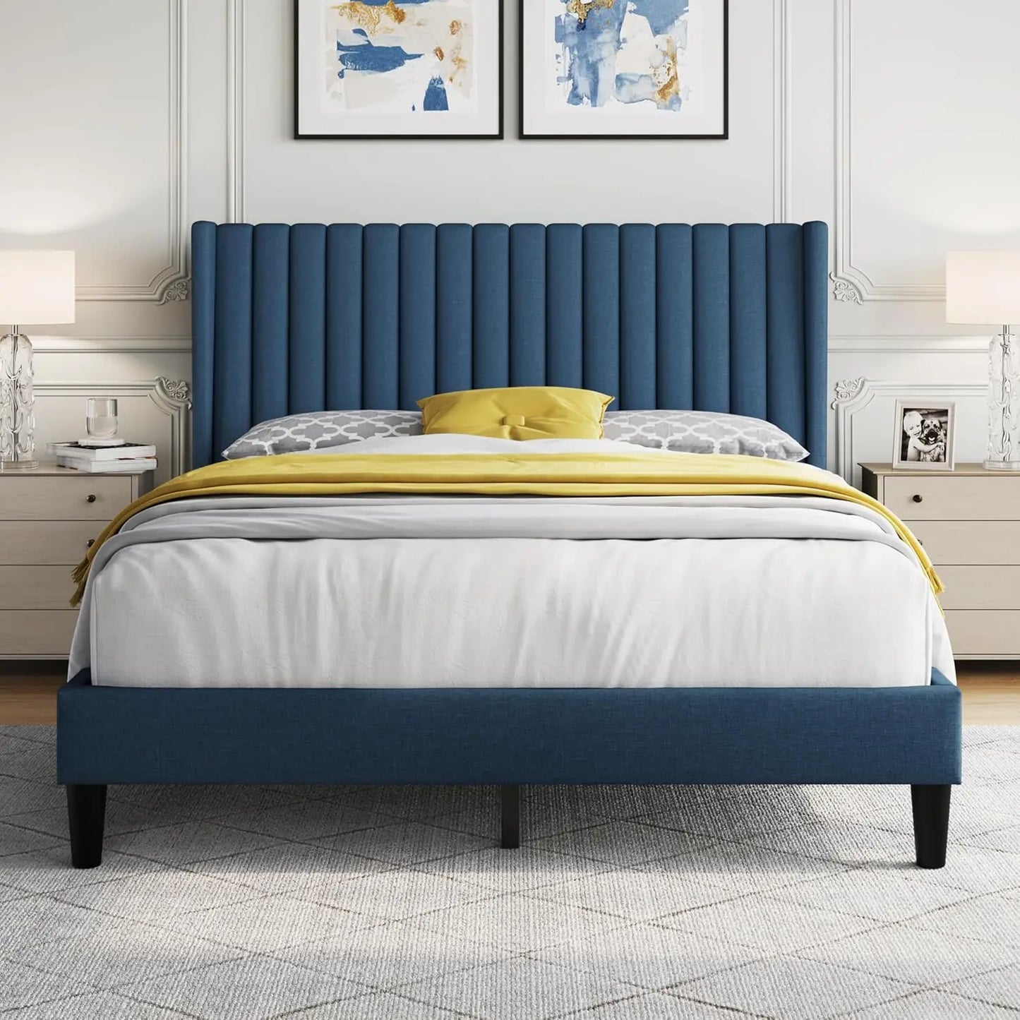 Upholstered Platform Bed - Fabric Headboard with Wing Edge Design | Wooden Slats Support, Non-Slip & Noise-Free