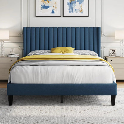 Upholstered Platform Bed - Fabric Headboard with Wing Edge Design | Wooden Slats Support, Non-Slip & Noise-Free