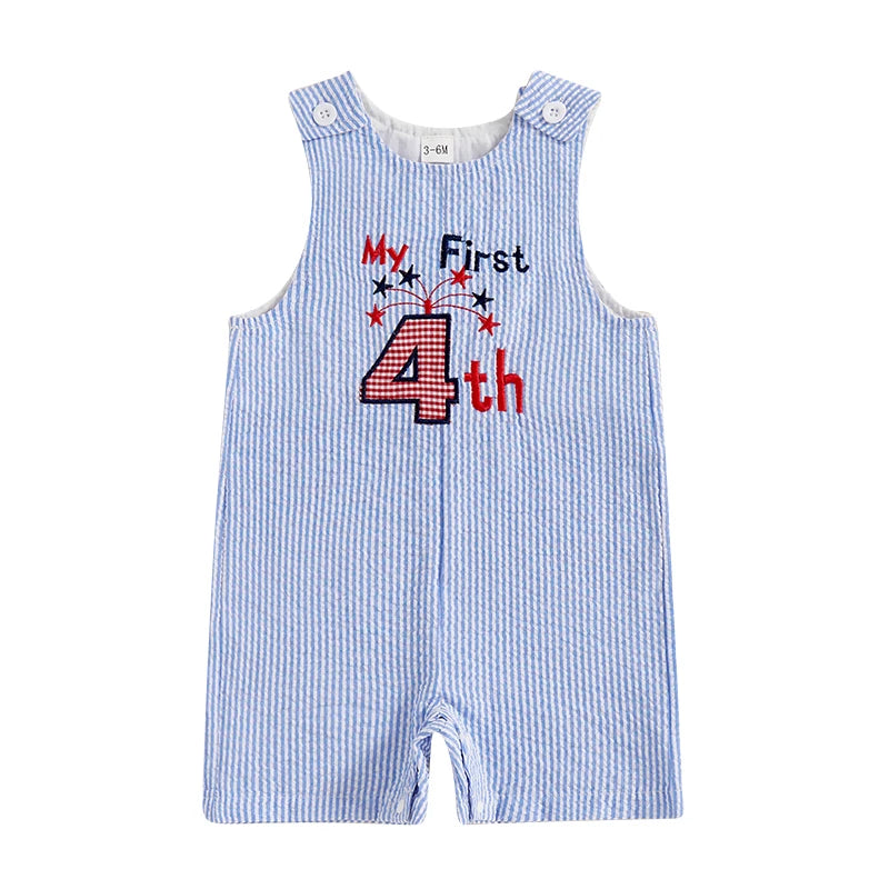 0-24 mo. Baby Boy 4th of July Romper, Star Letter Striped Sleeveless Overall Bodysuit