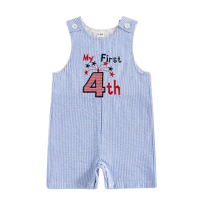 0-24 mo. Baby Boy 4th of July Romper, Star Letter Striped Sleeveless Overall Bodysuit