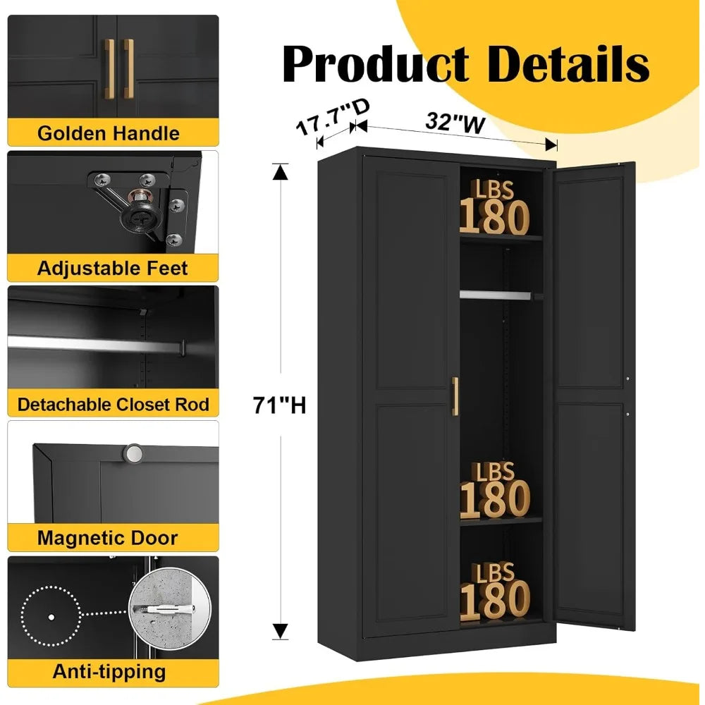 71" Metal Wardrobe Cabinet with Hanging Rod, and Adjustable Shelves