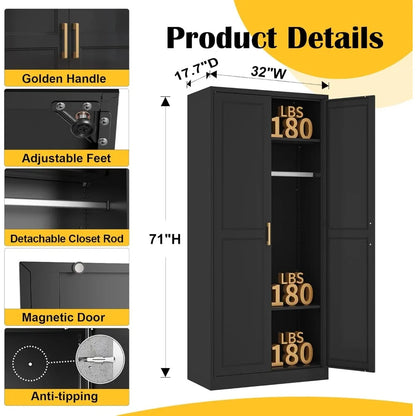 71" Metal Wardrobe Cabinet with Hanging Rod, and Adjustable Shelves