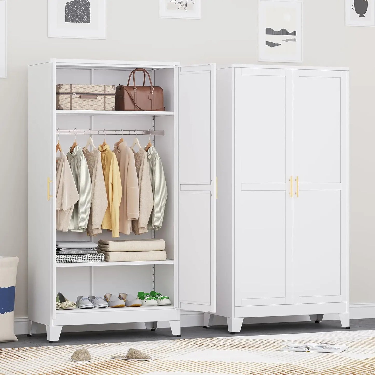 71" H Metal Armoire Wardrobe Closet with 2 Drawers, Adjustable Shelves, Clothes Drying Pole