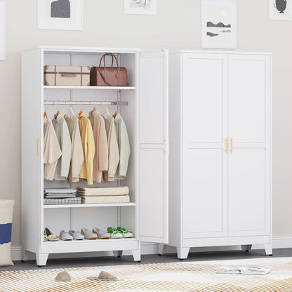 71" H Metal Armoire Wardrobe Closet with 2 Drawers, Adjustable Shelves, Clothes Drying Pole