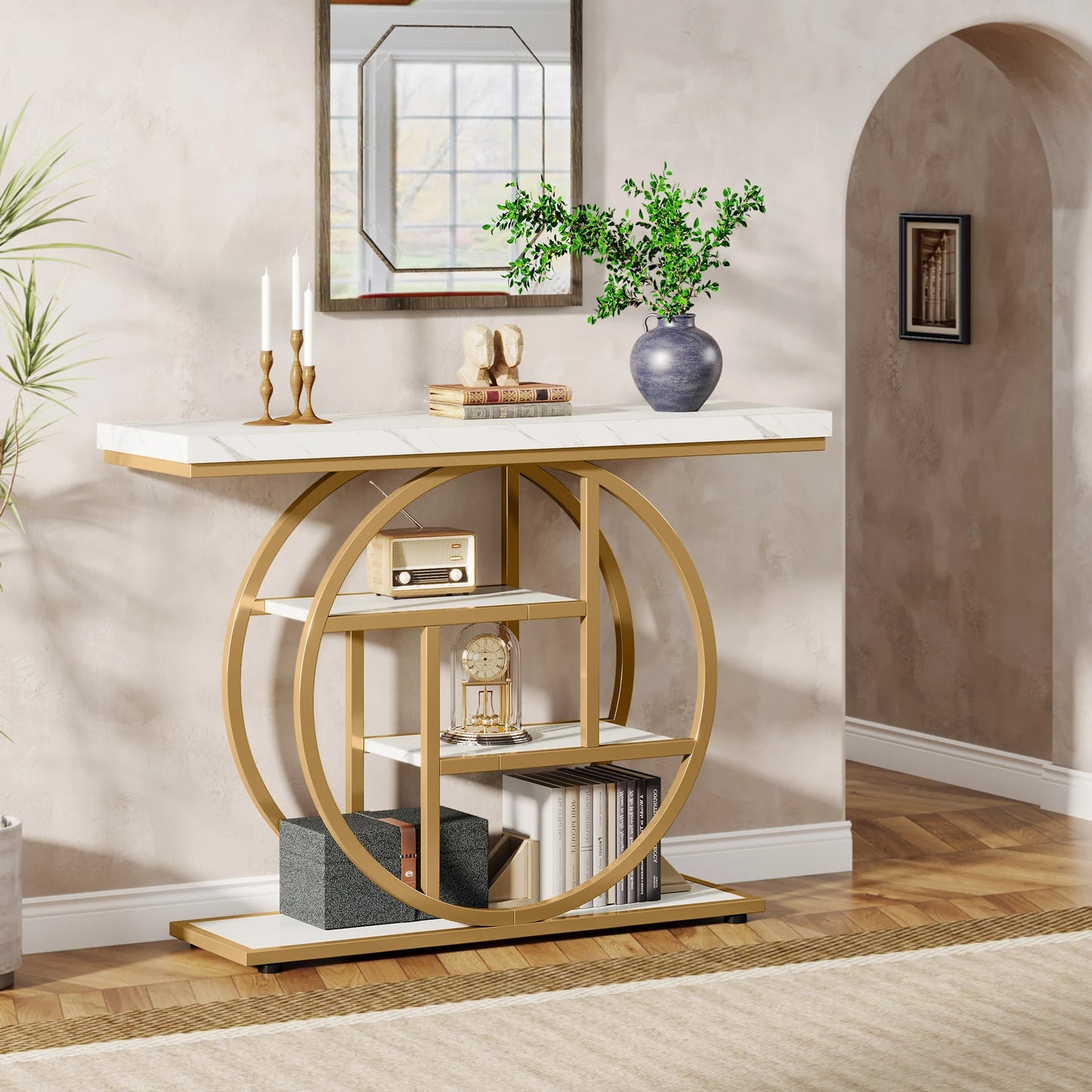 Modern Gold Sofa Table with Storage, 4 Tier