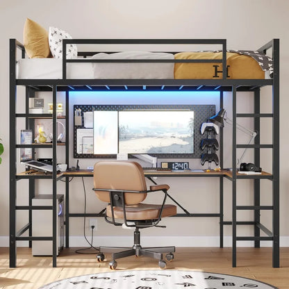 Twin Size Loft Bed with U Shaped Desk and Led Lights, Charging Station and Storage Shelves
