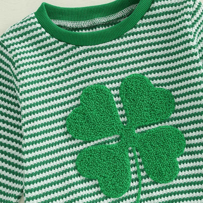 Lioraitiin Toddler Baby Boy St. Patrick's Day Outfit Long Sleeve Shamrock Embroidery Sweatshirt+Stripes Pants Set Spring Clothes