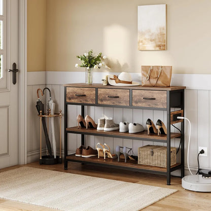 Entryway Table with Power Outlets and 3 Fabric Drawers