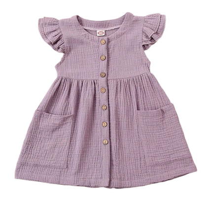 2020-03-31 Lioraitiin 0-6Years Toddler Kid Baby Girl Summer Dress Ruffles Sleeves Cotton Button Pocket Dress Sundress Clothes