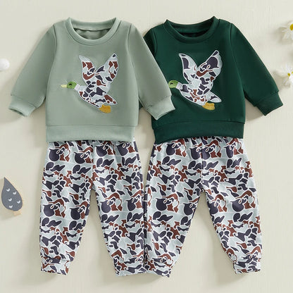 6MO-3T Spring Kids/Baby Boy Outfit Sets, Long Sleeve Duck Embroidery Pullover, Camouflage Pants