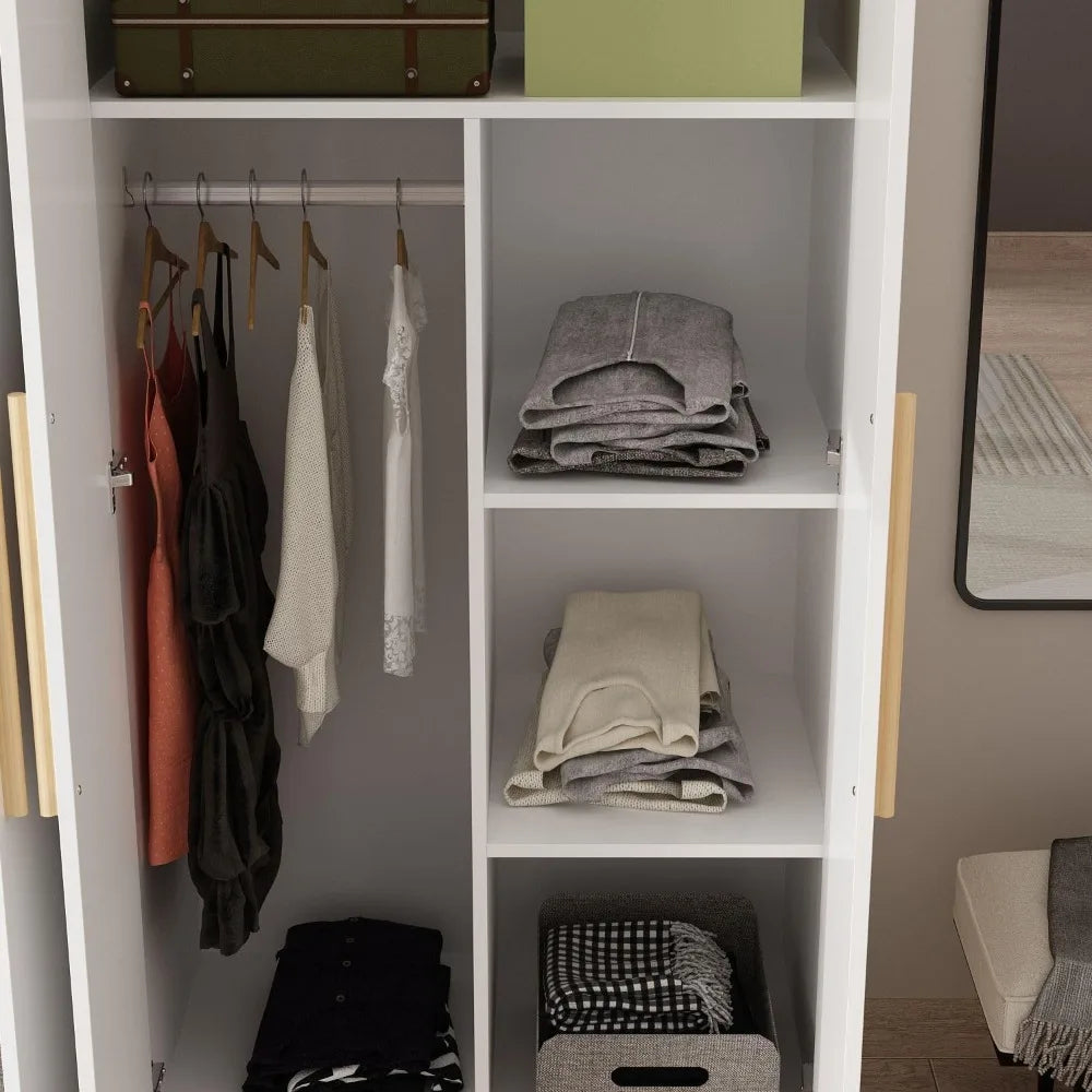 4 Door Wardrobe Armoires w/Storage Shelves, w/Hanging Rod, Wooden Handles