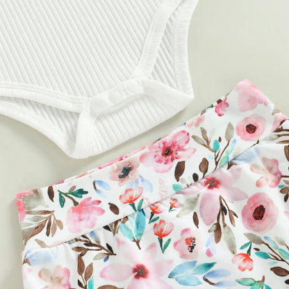 3-18M Baby Girls Shorts Set, Sleeveless Romper, Flower/Rainbow/Print Shorts, Hairband