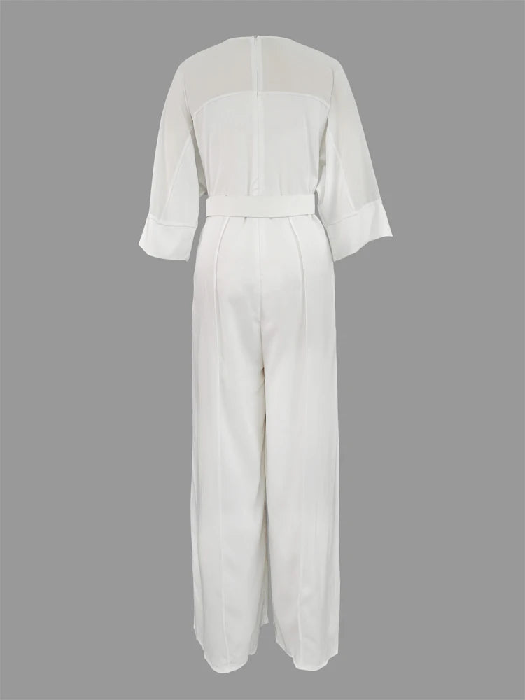 Elegant V-neck, Mesh Patchwork Raglan Sleeve, Belted Wide Leg Jumpsuit