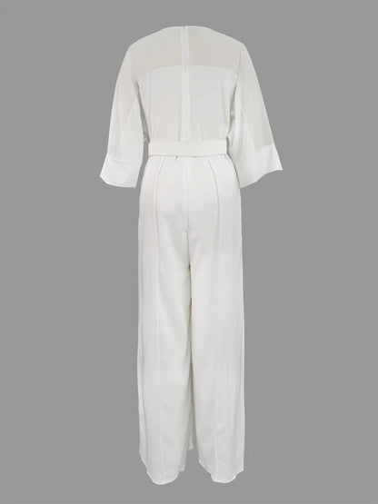Elegant V-neck, Mesh Patchwork Raglan Sleeve, Belted Wide Leg Jumpsuit