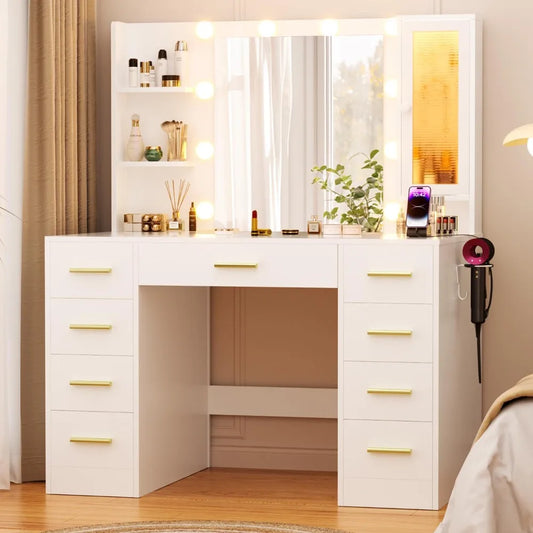 Large 43" Vanity/Desk with Mirror and Lights,  9 Drawers and Power Outlet, 3 Open Shelves and 1 RGB