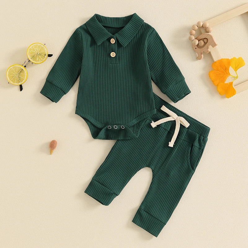 Autumn Infant Baby Boys Ribbed Set, Button Long Sleeve Romper, Drawstring Pocket Trousers