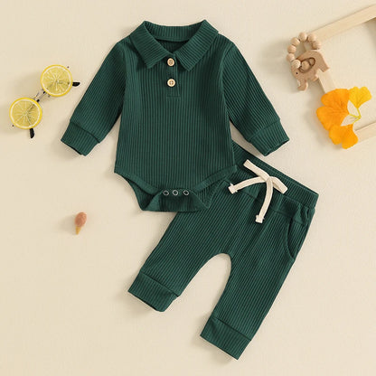 Autumn Infant Baby Boys Ribbed Set, Button Long Sleeve Romper, Drawstring Pocket Trousers