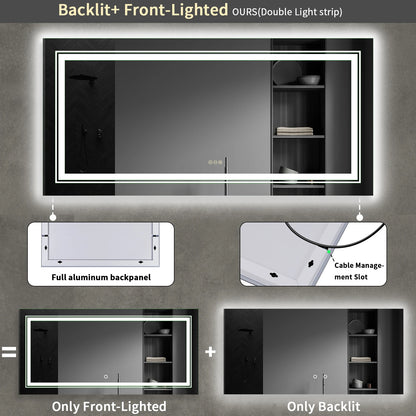 40x24 Inch LED AntiFog Mirror  with Front Light and Backlit in 3 Dimmable Colors