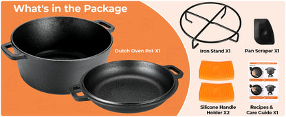 Pre-Seasoned Cast Iron Double Dutch Oven With Loop Handles, 5.1 Quart Pot