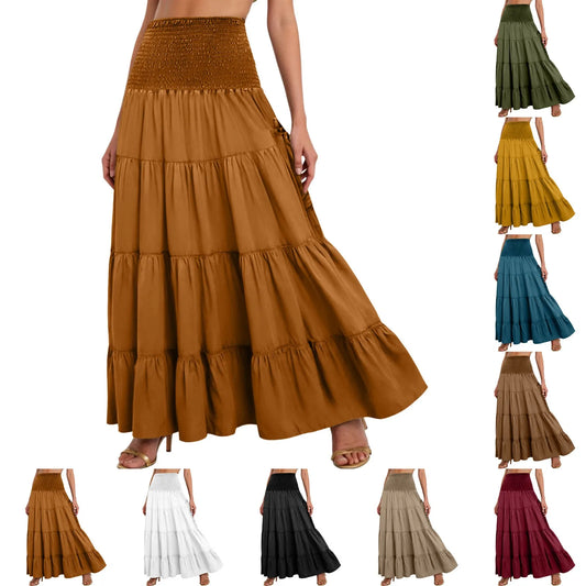 Boho Tiered A-Line Skirt, Pockets, Patchwork, Elastic Waist, Vintage Hippie/Gypsy Maxi Skirt
