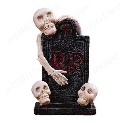 Halloween Miniature Resin Statue Figurines, Pumpkin haunted house and skeleton tombstone