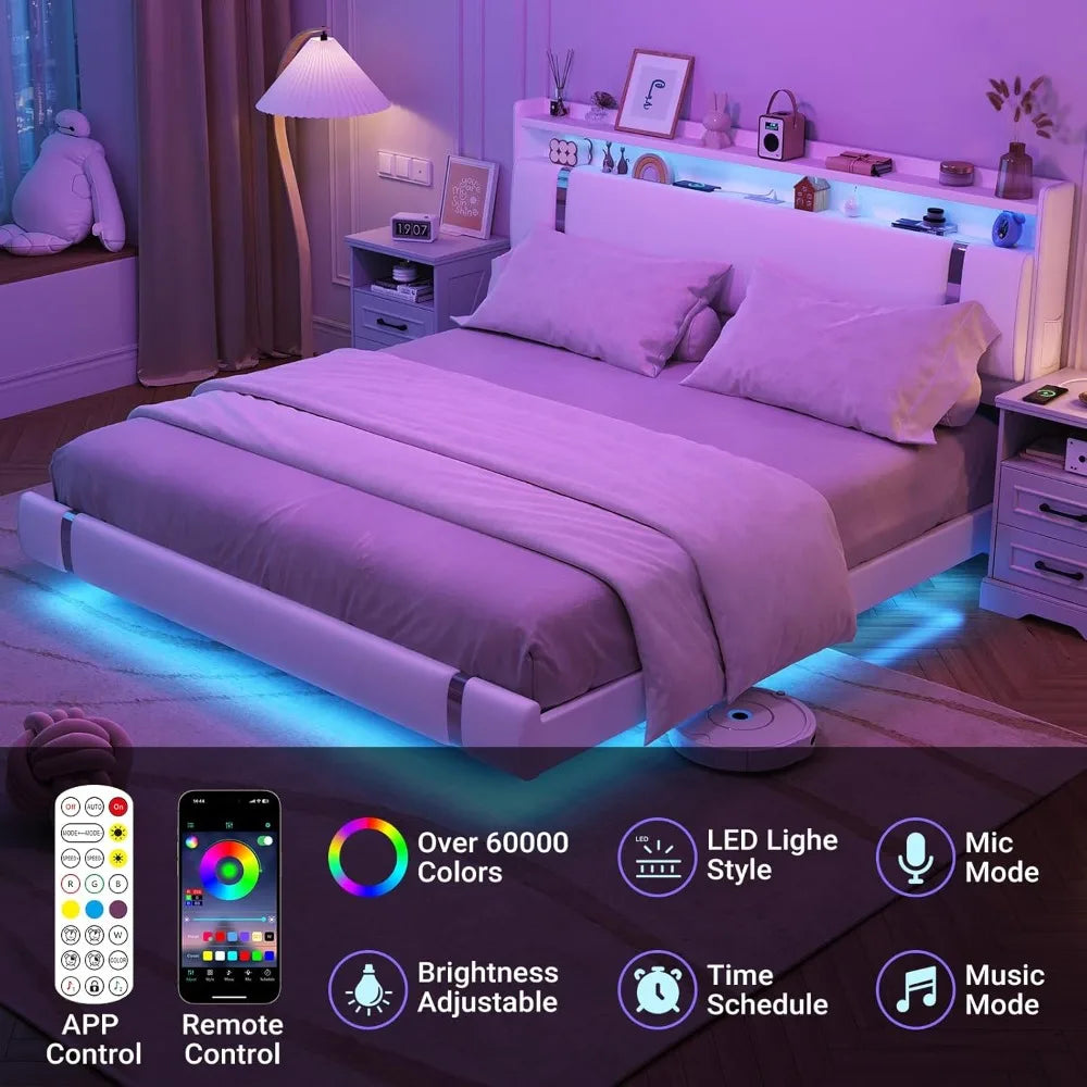 Floating Bed Frame with LED Light and Charging Station, Storage Headboard