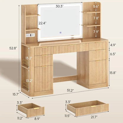 51.2" Vanity/Desk with Large 30.3" Mirror and Lights, 5 Drawer with Power Strip, 6 Open Shelves, 2 Cabinet