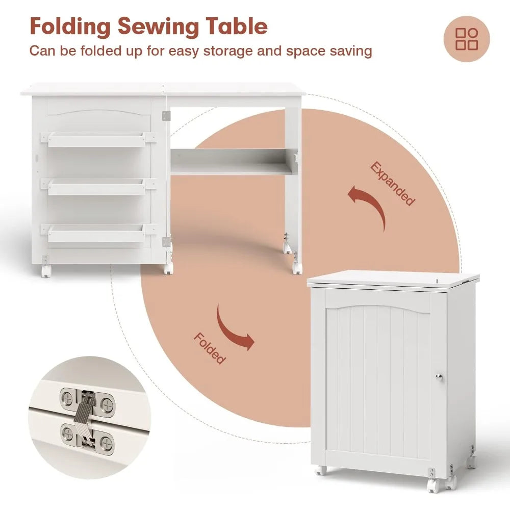 Folding Sewing Cabinet with 3 Storage Bins and Shelf, Rolling Craft Station