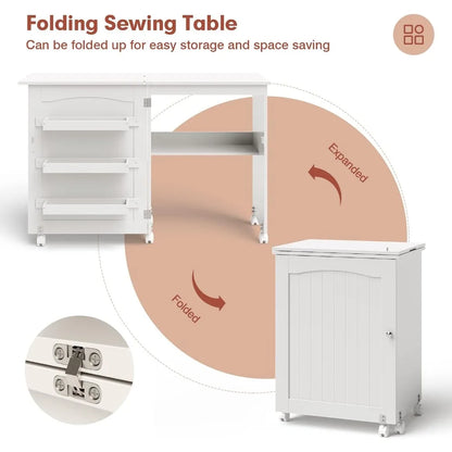 Folding Sewing Cabinet with 3 Storage Bins and Shelf, Rolling Craft Station