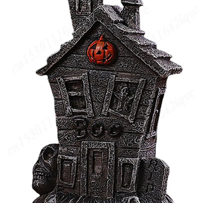 Halloween Miniature Resin Statue Figurines, Pumpkin haunted house and skeleton tombstone