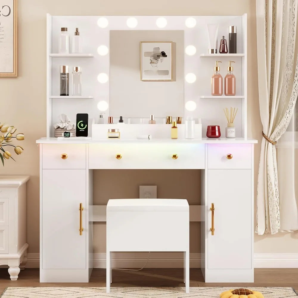 Makeup Desk with Mirror & Lights: Charging Station, 3 Drawers & Stool