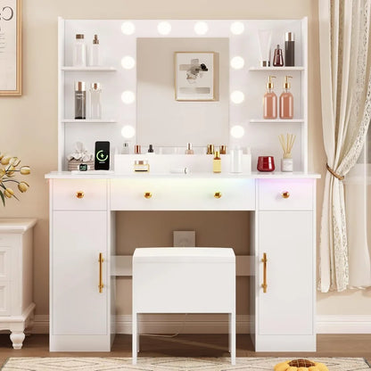 Makeup Desk with Mirror & Lights: Charging Station, 3 Drawers & Stool