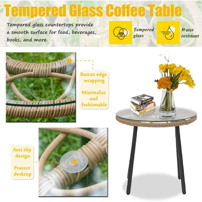 Indoor/Outdoor All Weather Woven Rope Table Set, Tan Wicker Rocker Set With White Cushions