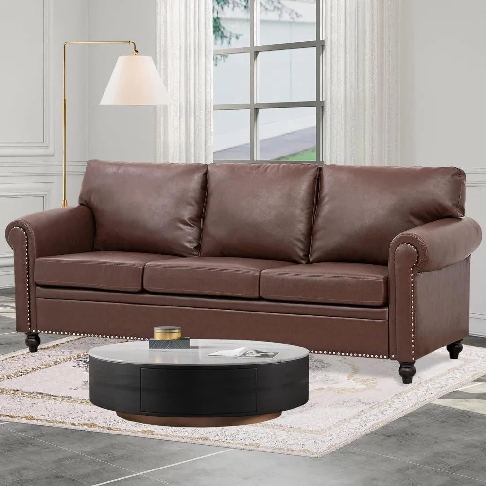 Brown Leather Couch/Sofa with Detachable Cushions 84" and Matching Chair (sold separately)
