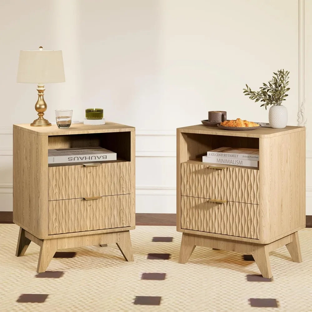 18" Side stand with Charging Station, Storage Drawers-Natural Oak