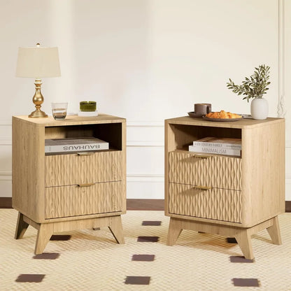 18" Side stand with Charging Station, Storage Drawers-Natural Oak