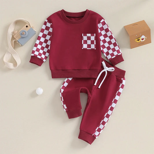 0 MO-3Y Girl Clothes Outfits, Long Sleeve, Checkboard Sweatshirt and Pants Set
