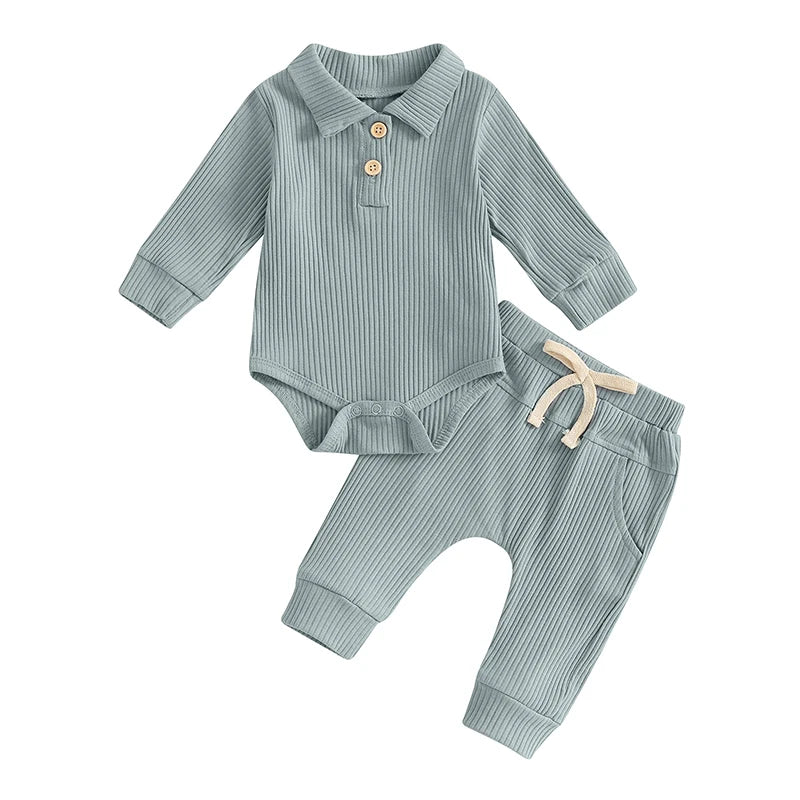 Autumn Infant Baby Boys Ribbed Set, Button Long Sleeve Romper, Drawstring Pocket Trousers