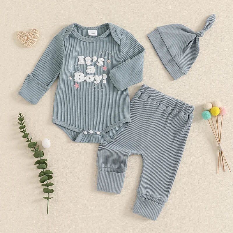 Baby Boys/Girls 3PCS Outfit, Long Sleeve Crew Neck, Letter Embroidery Romper, Solid Color Pants & Hat
